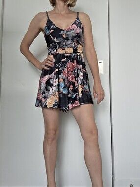 Floral Print Black Short Jumpsuit Dress